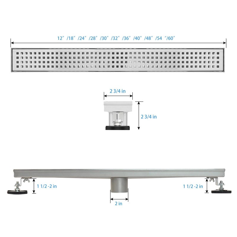 SaniteModar Linear Shower Drain,Linear Drain 28 inch with Removable Square Hole Panel, AISI304 Brushed Stainless Steel Shower Floor Linear Drain with Adjustable Feet and Hair Catcher - Image 2